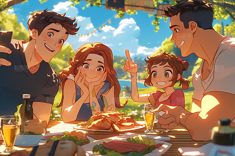 夏日聚会发小自拍插画