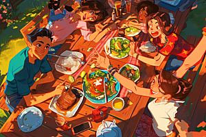 夏日聚会假日自拍插画