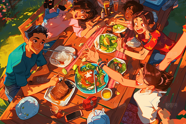 夏日聚会假日自拍插画