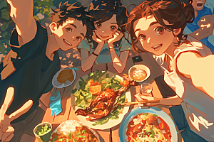 夏日聚会漫画风友谊插画