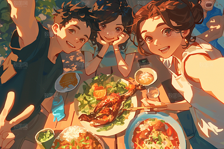 夏日聚会漫画风友谊插画