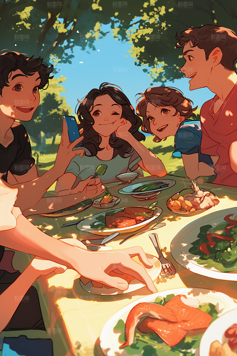 夏日聚会手绘发小插画