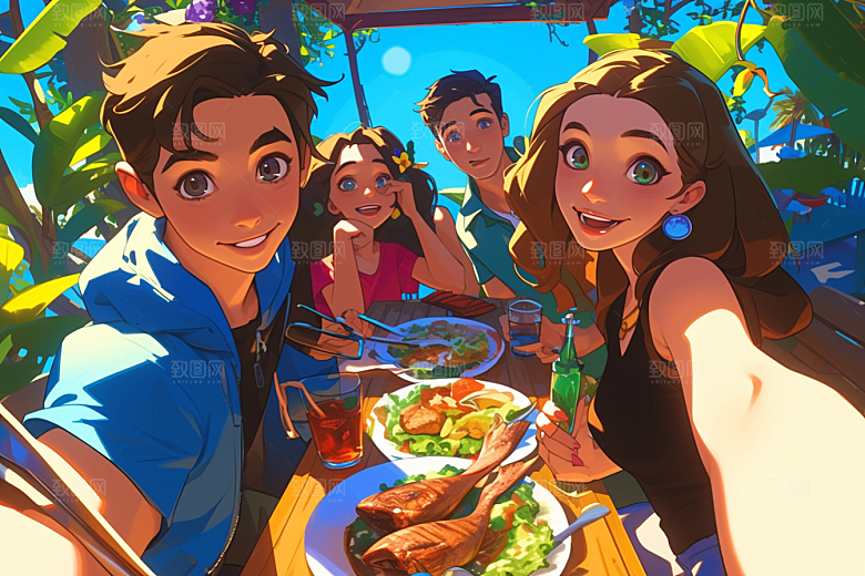 夏日聚会手绘友情插画