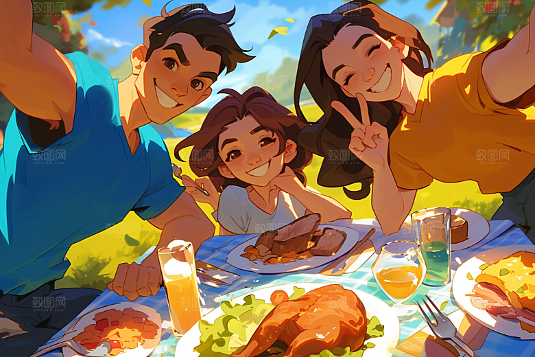 夏日聚会发小友情插画