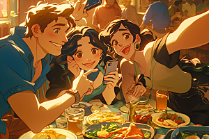 夏日聚会自拍友情插画