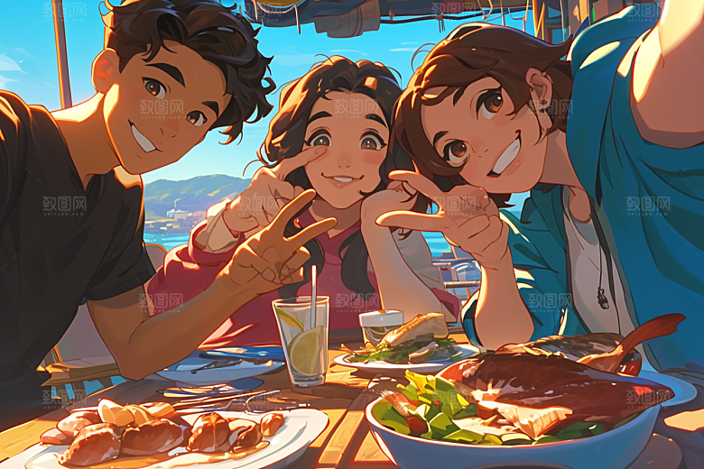 夏日聚会发小高清插画