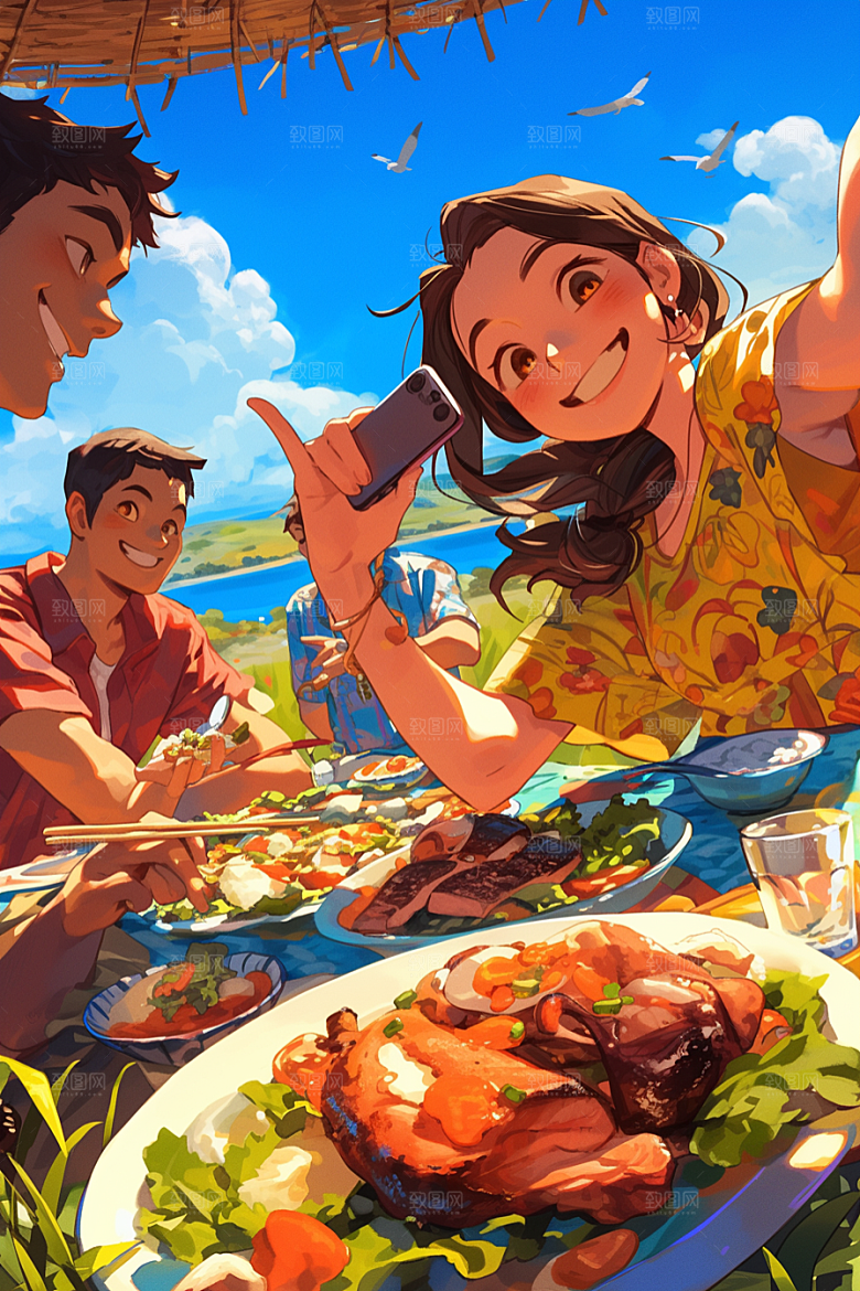 夏日聚会手绘漫画风插画