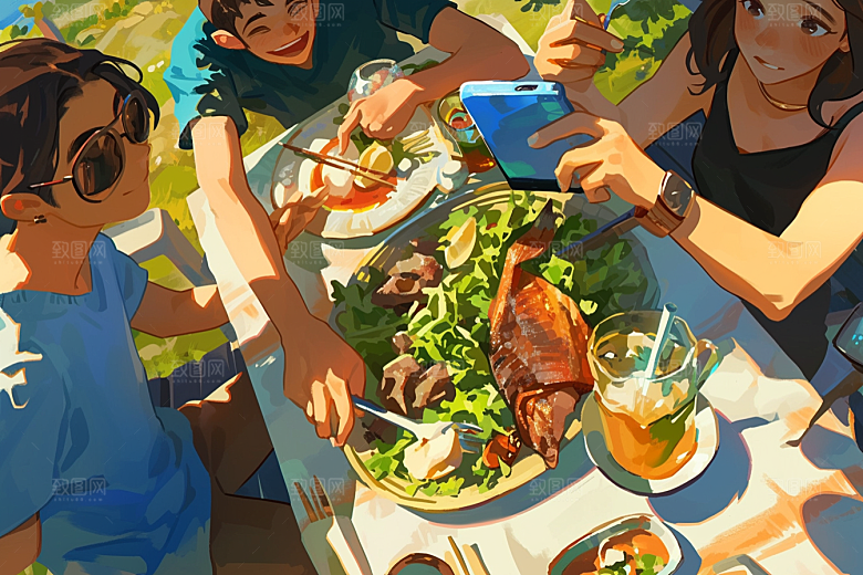 夏日聚会发小高清插画