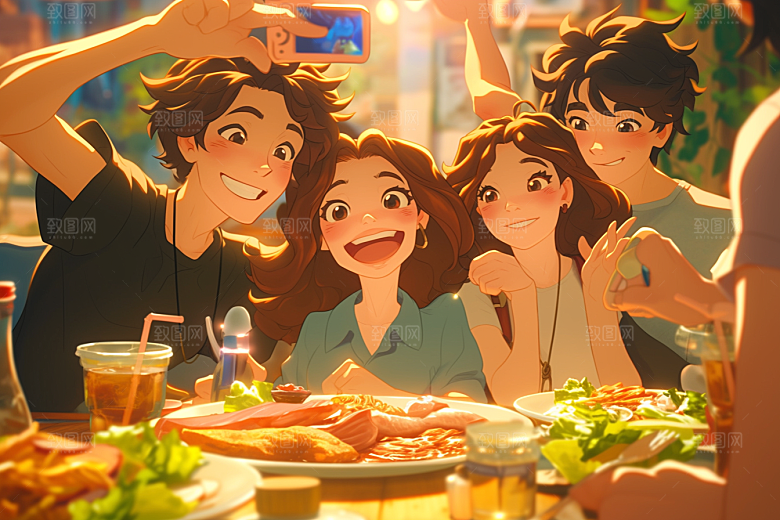 夏日聚会发小场景插画