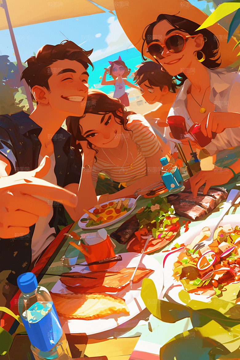夏日聚会假日自拍插画