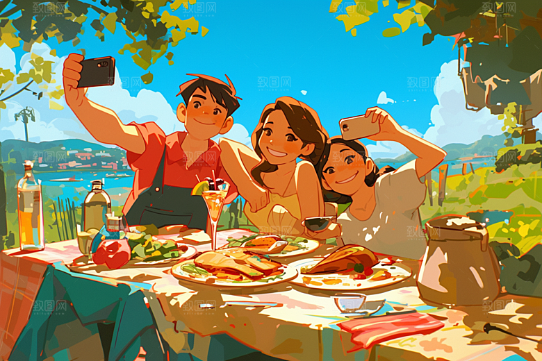 夏日聚会玩耍同学插画