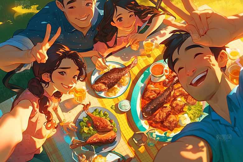 夏日聚会友情手绘插画
