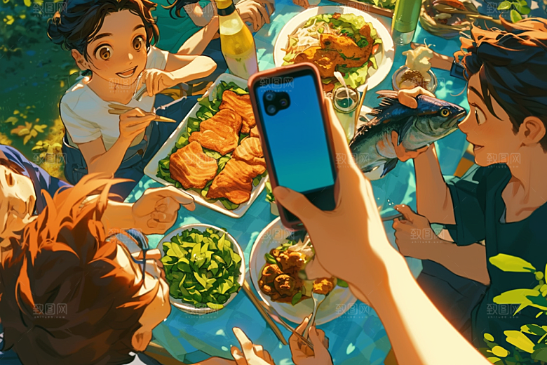 夏日聚会漫画风手绘插画