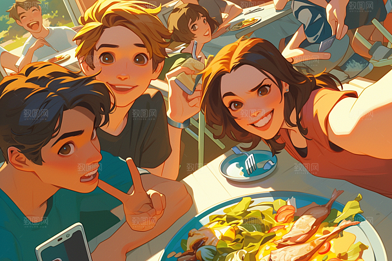 夏日聚会手绘自拍插画