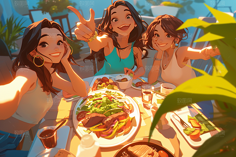 夏日聚会自拍友谊插画