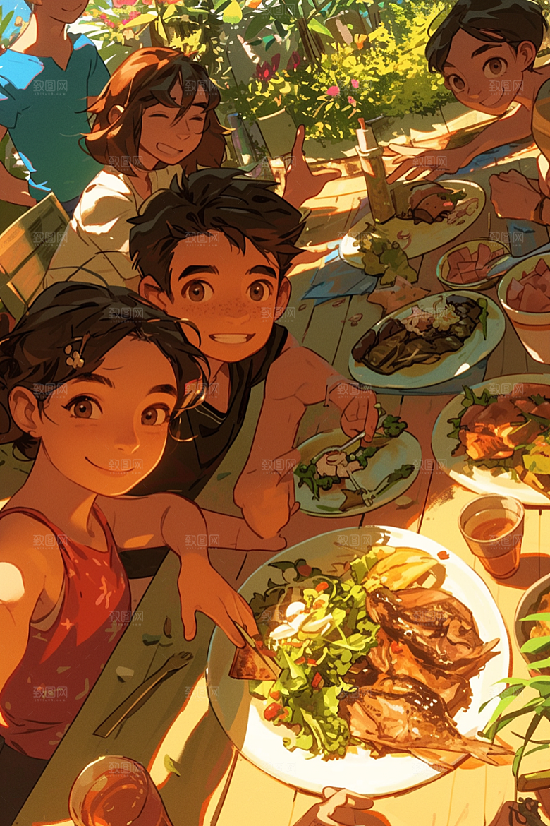 夏日聚会同学场景插画