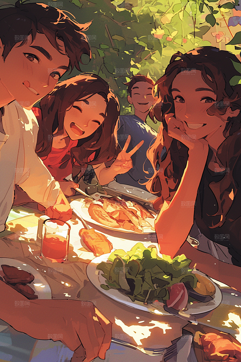 夏日聚会友情同学插画