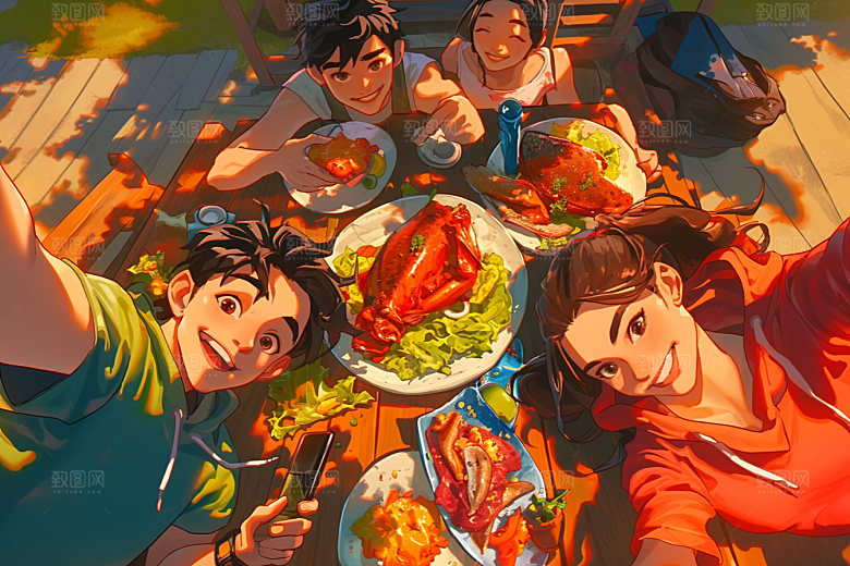 夏日聚会漫画风自拍插画