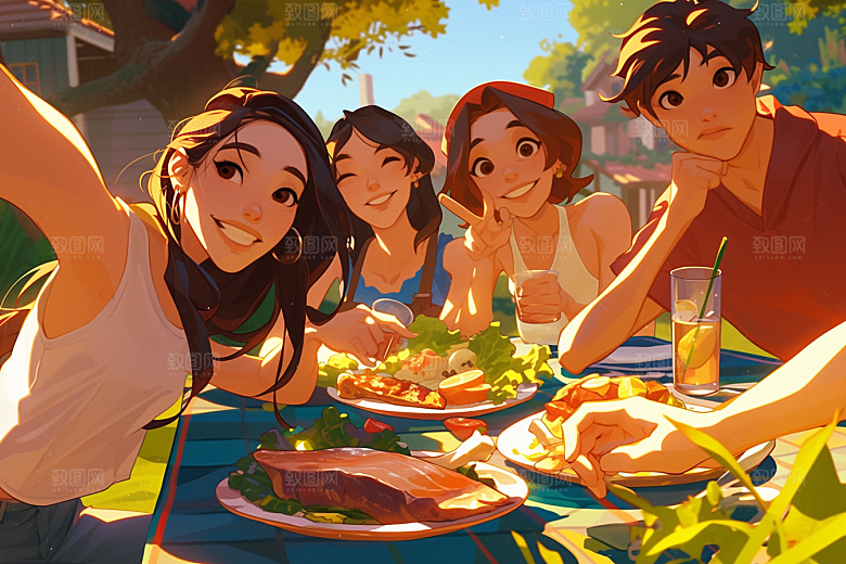 夏日聚会友情发小插画