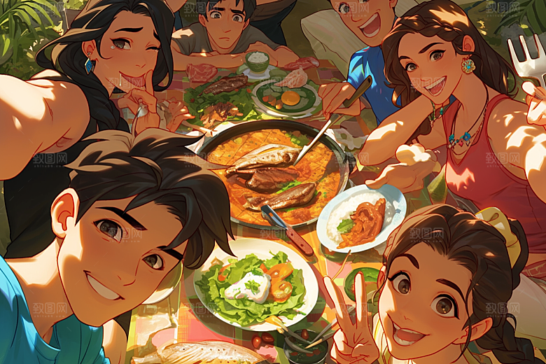 夏日聚会手绘自拍插画