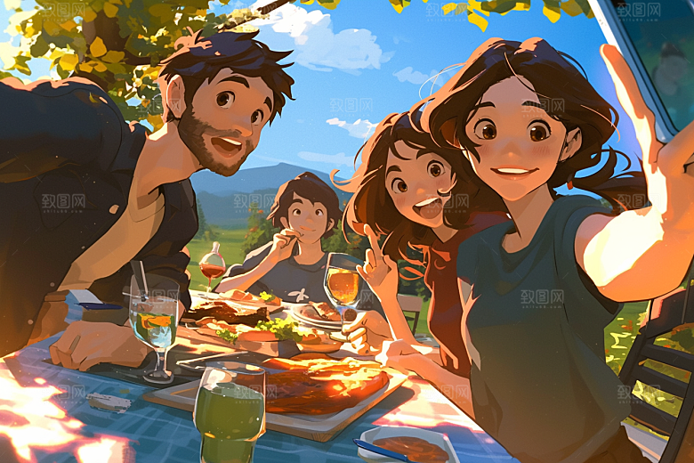 夏日聚会欢乐发小插画