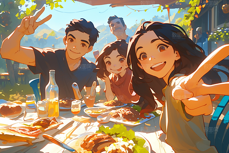 夏日聚会场景手绘插画