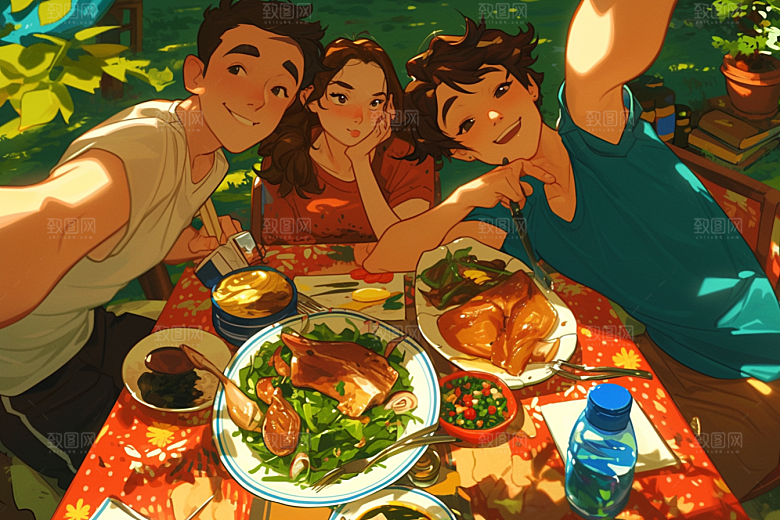 夏日聚会漫画风自拍插画