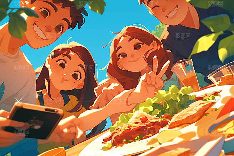夏日聚会友情自拍插画