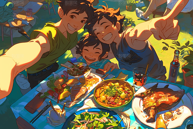 夏日聚会手绘友情插画