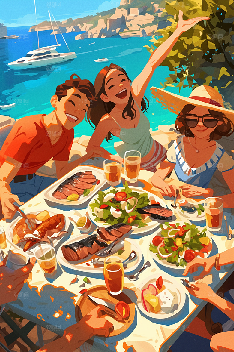 夏日聚会场景手绘插画
