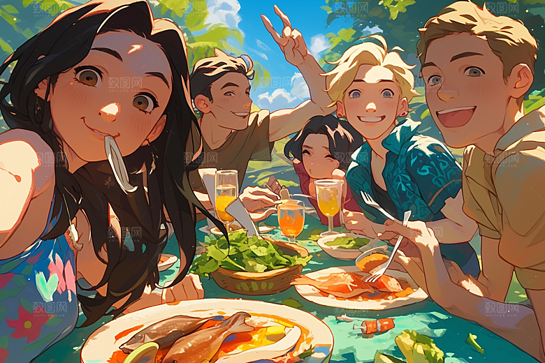 夏日聚会自拍友谊插画