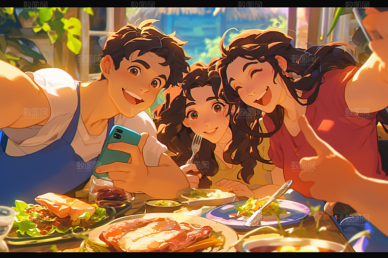 夏日聚会手绘发小插画