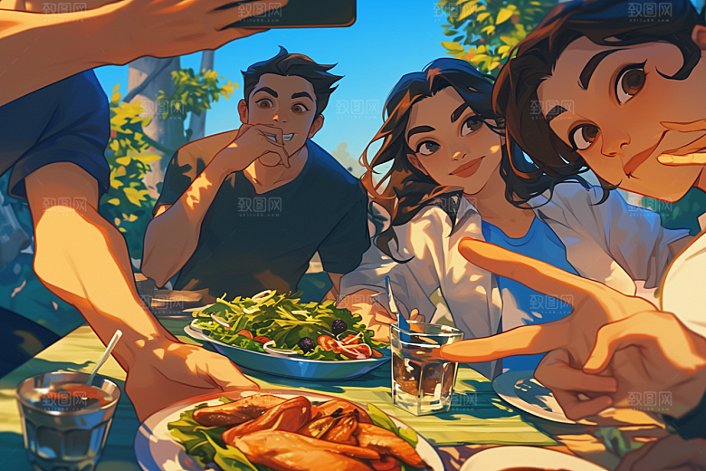夏日聚会玩耍手绘插画