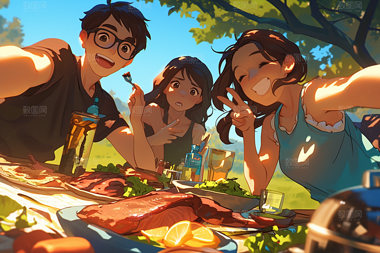 夏日聚会场景欢乐插画