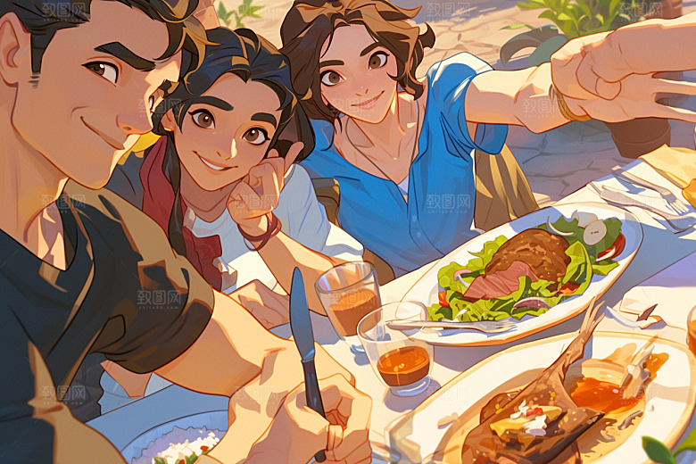 夏日聚会漫画风手绘插画