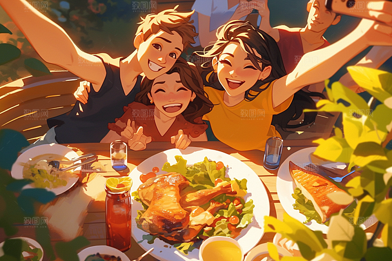 夏日聚会同学暑假插画