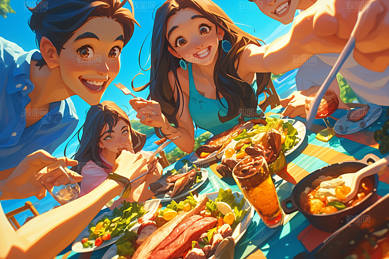 夏日聚会手绘友情插画