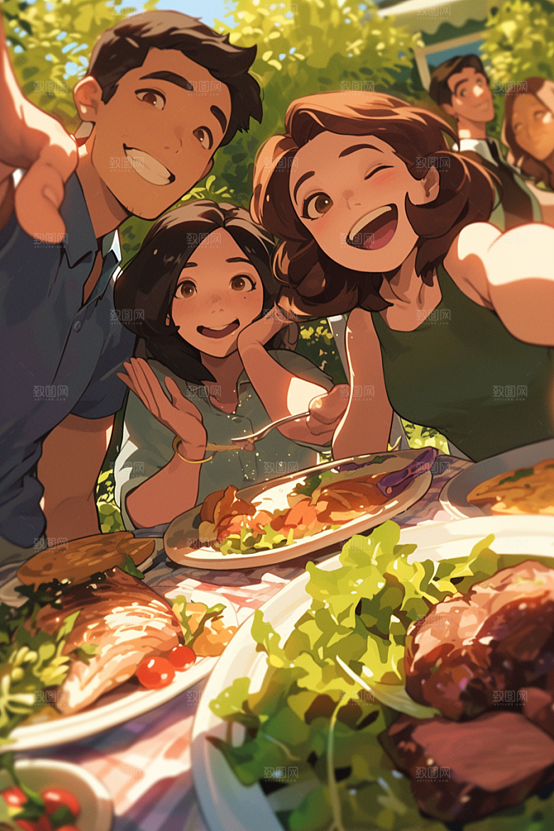 夏日聚会手绘暑假插画