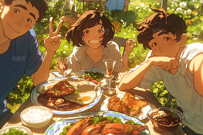夏日聚会自拍欢乐插画
