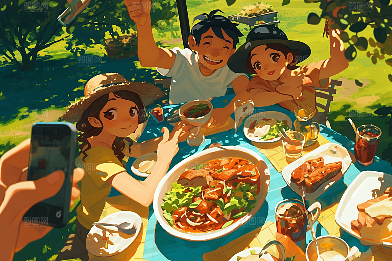 夏日聚会自拍发小插画