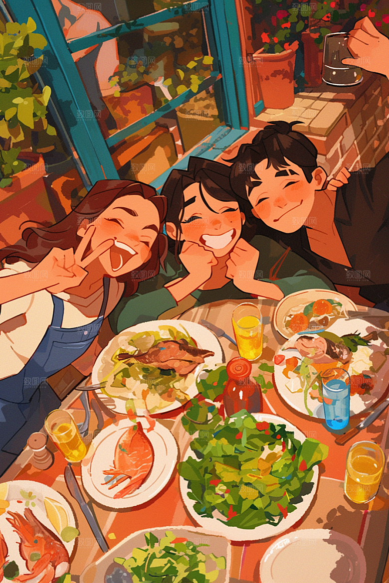 夏日聚会友情自拍插画