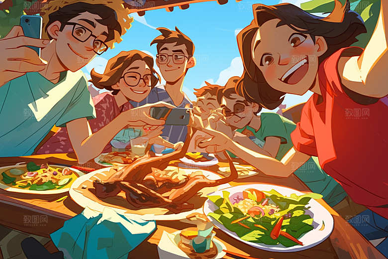 夏日聚会暑假自拍插画