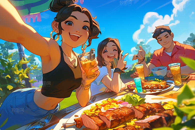 夏日聚会同学暑假插画