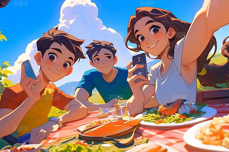 夏日聚会假日自拍插画