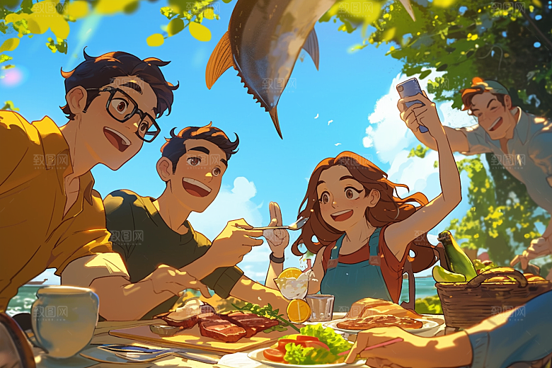 夏日聚会玩耍手绘插画