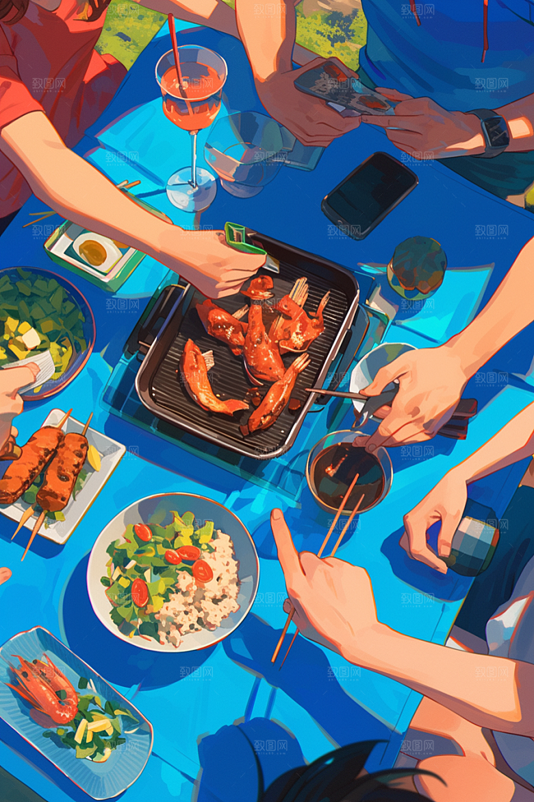 夏日聚会欢乐友情插画