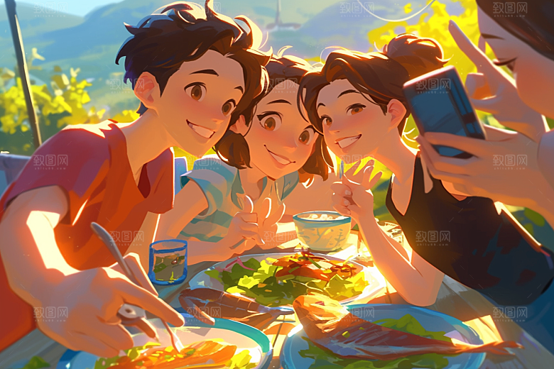 夏日聚会高清自拍插画