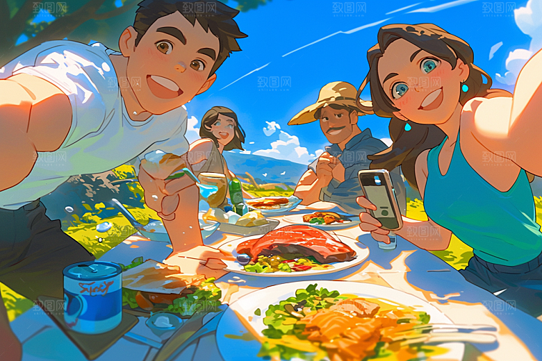夏日聚会手绘自拍插画