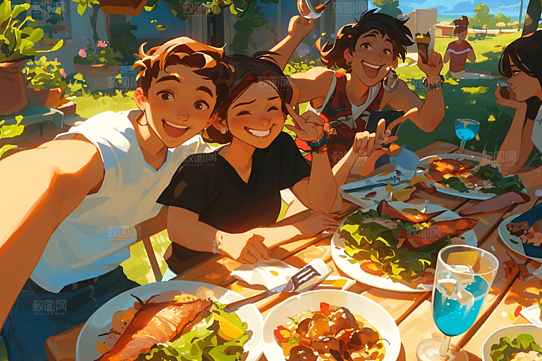 夏日聚会场景欢乐插画
