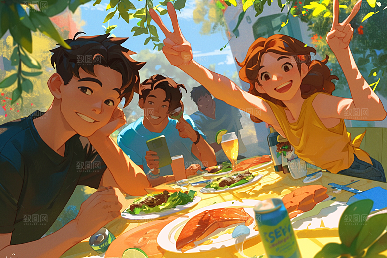 夏日聚会假日自拍插画